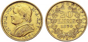 MONETE ITALIANE REGIONALI
ROMA
Pio IX (Giovanni Maria Mastai Ferretti), 1846-1870. 20 Lire 1870 a. XXV, Busto grande. Au Come precedente. Pag. 538; ...