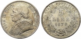 MONETE ITALIANE REGIONALI
ROMA
Pio IX (Giovanni Maria Mastai Ferretti), 1846-1870. 5 Lire 1870 a. XXIV. Ar Busto a s. con zucchetto, mozzetta e stol...