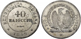 MONETE ITALIANE REGIONALI
ROMA
Seconda Repubblica Romana, 1848-1849. 40 Baiocchi 1849. Mi Valore entro cerchio perlinato. Rv. Aquila su fascio volta...