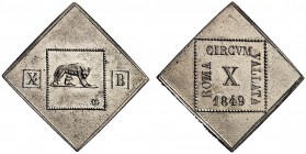 MONETE ITALIANE REGIONALI
ROMA
Seconda Repubblica Romana, 1848-1849. 10 Baiocchi 1849 di forma quadrangolare, coniata forse a Parigi. Mi Scritta, al...
