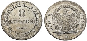 MONETE ITALIANE REGIONALI
ROMA
Seconda Repubblica Romana, 1848-1849. 8 Baiocchi 1849. Mi Nel campo valore e data nel giro. Rv. Aquila su fascio volt...