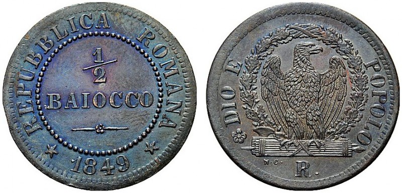 MONETE ITALIANE REGIONALI
ROMA
Seconda Repubblica Romana, 1848-1849. Mezzo bai...