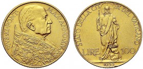 MONETE ITALIANE REGIONALI
ROMA
Pio XI (Achille Ratti), 1929-1938. 100 Lire 1935 a. XIV. Au Tipo solito. Gig. 7. Colpetto sul bordo. SPL