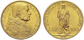 MONETE ITALIANE REGIONALI
ROMA
Pio XI (Achille Ratti), 1929-1938. 100 Lire 1936 a. XV. Au Tipo solito. Gig. 8. FDC