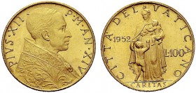 MONETE ITALIANE REGIONALI
ROMA
Pio XII (Eugenio Pacelli), 1939-1958. 100 Lire 1952 a. XIV. Au Tipo solito. Gig. 110. Molto Raro. FDC