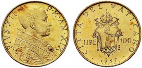 MONETE ITALIANE REGIONALI
ROMA
Pio XII (Eugenio Pacelli), 1939-1958. 100 Lire 1957 a. XIX. Au Tipo solito. Gig. 115. Raro. FDC R