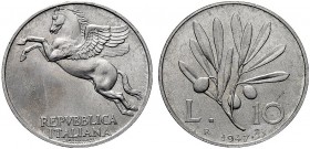 MONETE ITALIANE REGIONALI
ROMA
Repubblica Italiana, dal 1946. 10 Lire 1947. Italma Gig. 230. Rarissima. q. SPL