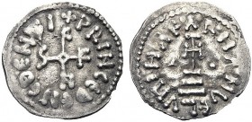 MONETE ITALIANE REGIONALI
SALERNO
Siconolfo principe, 839-849. Denaro. Ar gr. 1,16 PRINCE BENEDENTI intorno al monogramma di Siconolfo. Rv. A RHANGE...