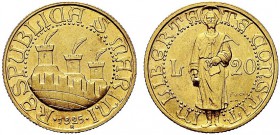 MONETE ITALIANE REGIONALI
SAN MARINO
Vecchia Monetazione, 1864-1938. 20 Lire 1925. Au Tre torri piumate e cinta merlata, sotto la data. Rv. San Mari...