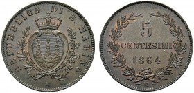 MONETE ITALIANE REGIONALI
SAN MARINO
Vecchia Monetazione, 1864-1938. 5 Centesimi 1864. Æ Pag. 377; Gig. 37. Raro. FDC