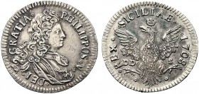 MONETE ITALIANE REGIONALI
SICILIA
Filippo V, 1701-1713. 4 Tarì 1708. Ar gr. 10,25 PHILIPPUS V DEI GRATIA Busto corazzato con collare del Toson d’Oro...