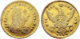 MONETE ITALIANE REGIONALI
SICILIA
Carlo di Borbone, 1734-1759. Doppia oncia 1754. Au gr. 8,82 CAROLVS DNG SIC ET HIE REX Busto drappeggiato e corazz...