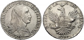 MONETE ITALIANE REGIONALI
SICILIA
Ferdinando III di Borbone, 1759-1816. 12 Tarì 1799. Ar gr. 27,07 Busto corazzato a d.; sotto, T.12. Rv. Stemma car...