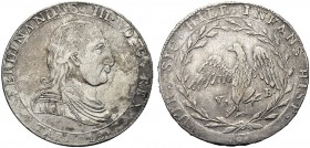 MONETE ITALIANE REGIONALI
SICILIA
Ferdinando III di Borbone, 1759-1816. 12 Tarì 1810. Ar gr. 27,06 Simile a precedente. Spahr 138. Pagani 17; Gig. 2...