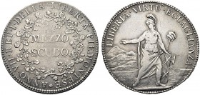 MONETE ITALIANE REGIONALI
TORINO
Repubblica Piemontese, 1798-1799. Mezzo Scudo a. VII (1798). Ar gr. 17,49 Scritta entro un ramo di quercia. Figura ...