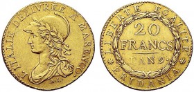 MONETE ITALIANE REGIONALI
TORINO
Repubblica Subalpina, 1800-1802. 20 Franchi an. 9 A’ MARENCO (1801-1802). Au L'ITALIE DELIVRÉE A' MARENCO. Mezzobus...