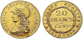 MONETE ITALIANE REGIONALI
TORINO
Repubblica Subalpina, 1800-1802. 20 Franchi an. 10 ‘A MARENCO (1801-1802). Au Simile a precedente. Pag. 4; Gig. 2; ...