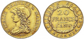 MONETE ITALIANE REGIONALI
TORINO
Repubblica Subalpina, 1800-1802. 20 Franchi an. 10 ‘A MARENCO (1801-1802). Au Simile a precedente. Pag. 4; Gig. 2; ...