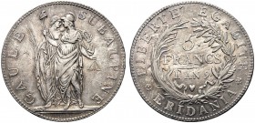 MONETE ITALIANE REGIONALI
TORINO
Repubblica Subalpina, 1800-1802. 5 Franchi 1801 an. 9. Ar Due figure allegoriche stanti con simboli della rivoluzio...