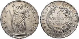 MONETE ITALIANE REGIONALI
TORINO
Repubblica Subalpina, 1800-1802. 5 Franchi 1802 an. X. Ar Come precedente. Rv. Scritte e valore entro rami di palma...