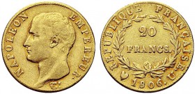 MONETE ITALIANE REGIONALI
TORINO
Napoleone I Imperatore, 1804-1814. 20 Franchi 1806 Torino. Au Testa laureata a s. Rv. Scritta e valore tra rami di ...