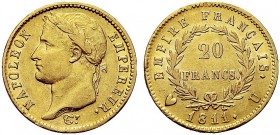 MONETE ITALIANE REGIONALI
TORINO
Napoleone I Imperatore, 1804-1814. 20 Franchi 1811 Torino. Au Simile a precedente. Pag. 22; Gig. 16. Raro. Conserva...