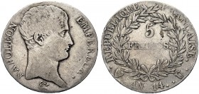 MONETE ITALIANE REGIONALI
TORINO
Napoleone I Imperatore, 1804-1814. 5 Franchi an. 14 (1805) Torino. Ar Testa nuda a.d nel taglio del collo BRENET; s...