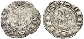 MONETE ITALIANE REGIONALI
TRENTO
Nicolò da Brno, 1341-1347. Quattrino da 4 denari, 4° tipo (stella a sei punte). Mi gr. 0,46 NICOLAVS EPS Testa del ...