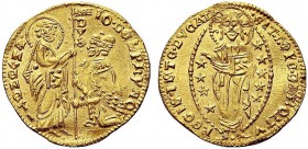 MONETE ITALIANE REGIONALI
VENEZIA
Giovanni Dolfin doge LVII, 1356-1361. Ducato. Au gr. 3,54 IO DELPhYNO Tipo solito. Paol. 1; Fried. 1224. Raro. q. ...