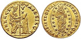 MONETE ITALIANE REGIONALI
VENEZIA
Pasquale Cicogna doge LXXXVIII, 1585-1595. Zecchino. Au gr. 3,47 PASC CICON Tipo solito. Paolucci 1; Fried. 1270. ...