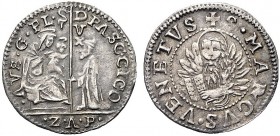 MONETE ITALIANE REGIONALI
VENEZIA
Pasquale Cicogna doge LXXXVIII, 1585-1595. Da 6 soldi (Massaro Zuan Arsenio Priuli, entra il 31.III.1593). Ar gr. ...