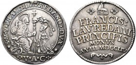 MONETE ITALIANE REGIONALI
VENEZIA
Francesco Loredan doge CXVI, 1752-1762. Osella 1754 a. III. Ar gr. 9,58 S. Marco in trono a s., porge il vessillo ...