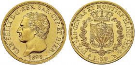 MONETE DEI SAVOIA

Carlo Felice, Re di Sardegna, 1821-1831. 80 Lire 1828 Torino (L). Au Come precedente. Pag. 32; Gig. 9. SPL/q. FDC
