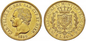 MONETE DEI SAVOIA

Carlo Felice, Re di Sardegna, 1821-1831. 80 Lire 1830 To (P). Au Come precedente. Pag. 36; Gig. 13. Non comune. Conservazione inu...
