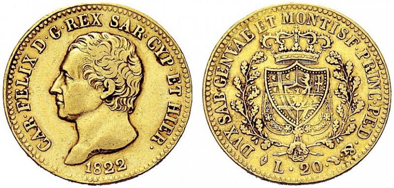 MONETE DEI SAVOIA

Carlo Felice, Re di Sardegna, 1821-1831. 20 Lire 1822 Torin...
