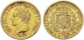 MONETE DEI SAVOIA

Carlo Felice, Re di Sardegna, 1821-1831. 20 Lire 1827 Torino. Au Come precedente. Pag. 54; Gig. 28. q. SPL