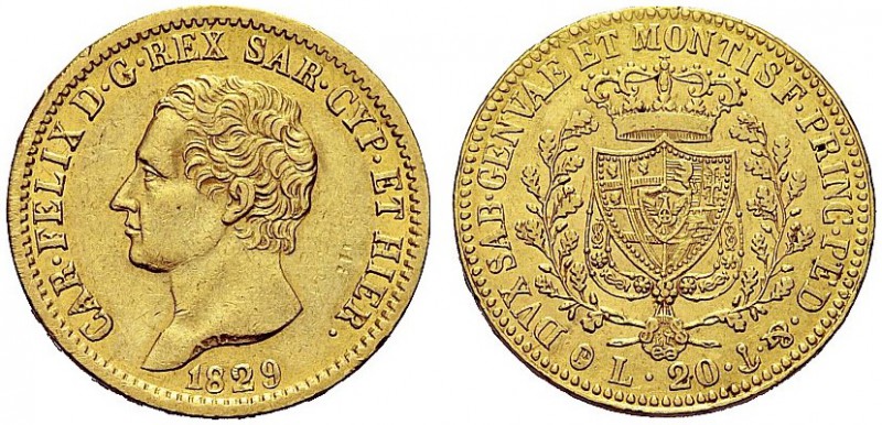 MONETE DEI SAVOIA

Carlo Felice, Re di Sardegna, 1821-1831. 20 Lire 1829 Genov...