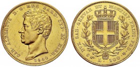 MONETE DEI SAVOIA

Carlo Alberto, Re di Sardegna, 1831-1849. 100 Lire 1840 Torino. Au Come precedente. Pag. 150; Gig. 11. Raro. Riparato al bordo. B...