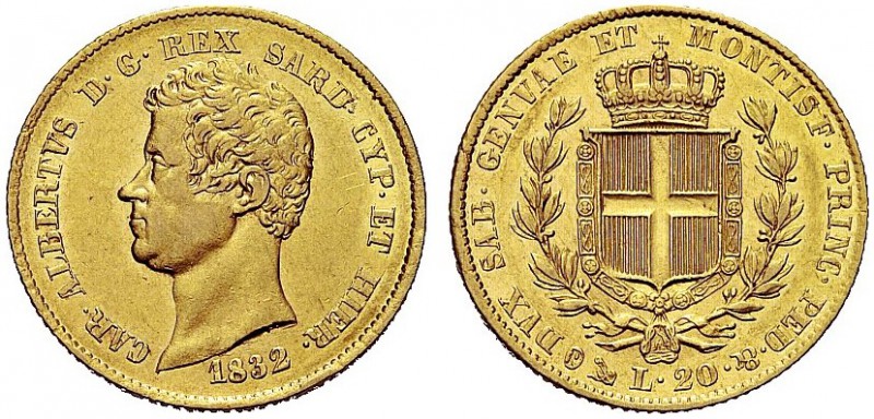 MONETE DEI SAVOIA

Carlo Alberto, Re di Sardegna, 1831-1849. 20 Lire 1832 Geno...