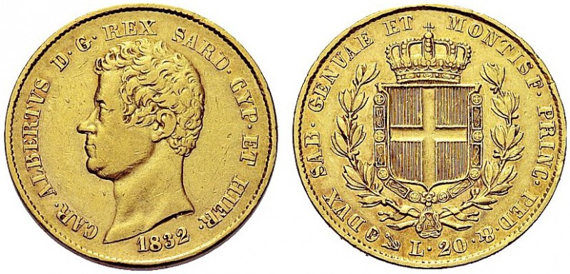 MONETE DEI SAVOIA

Carlo Alberto, Re di Sardegna, 1831-1849. 20 Lire 1832 Geno...