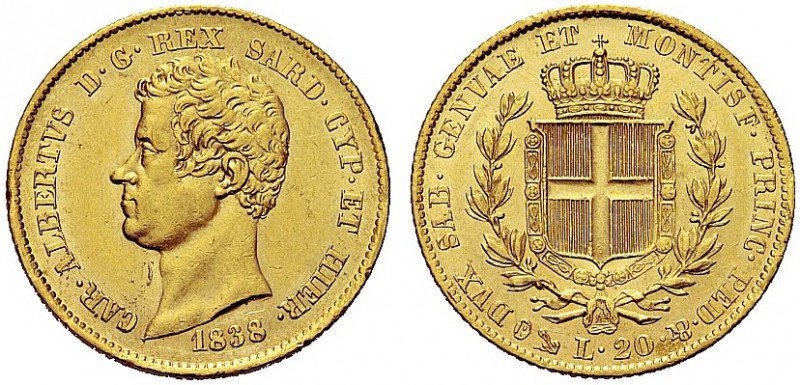 MONETE DEI SAVOIA

Carlo Alberto, Re di Sardegna, 1831-1849. 20 Lire 1838 Geno...