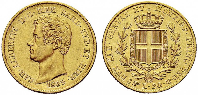 MONETE DEI SAVOIA

Carlo Alberto, Re di Sardegna, 1831-1849. 20 Lire 1839 Tori...