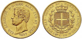 MONETE DEI SAVOIA

Carlo Alberto, Re di Sardegna, 1831-1849. 20 Lire 1839 Torino. Au Come precedente. Pag. 189; Gig. 30. Bel BB/SPL