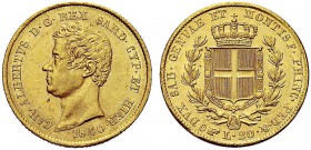 MONETE DEI SAVOIA

Carlo Alberto, Re di Sardegna, 1831-1849. 20 Lire 1840 Torino. Au Come precedente. Pag. 191; Gig. 32. Raro. q. SPL/SPL