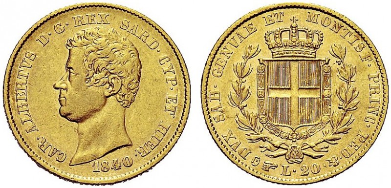 MONETE DEI SAVOIA

Carlo Alberto, Re di Sardegna, 1831-1849. 20 Lire 1840 Tori...