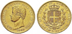 MONETE DEI SAVOIA

Carlo Alberto, Re di Sardegna, 1831-1849. 20 Lire 1840 Torino. Au Come precedente. Pag. 191; Gig. 32. Raro. Buon BB