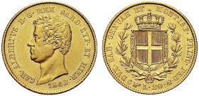 MONETE DEI SAVOIA

Carlo Alberto, Re di Sardegna, 1831-1849. 20 Lire 1842 Torino. Au Come precedente. Pag. 194; Gig. 34. Raro. q. SPL/SPL