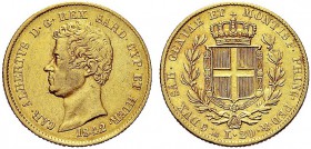 MONETE DEI SAVOIA

Carlo Alberto, Re di Sardegna, 1831-1849. 20 Lire 1842 Genova. Au Come precedente. Pag. 194; Gig. 34. BB