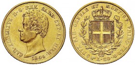 MONETE DEI SAVOIA

Carlo Alberto, Re di Sardegna, 1831-1849. 20 Lire 1846 Torino. Au Come precedente. Pag. 203; Gig. 39. Molto Raro. Fondi brillanti...