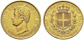MONETE DEI SAVOIA

Carlo Alberto, Re di Sardegna, 1831-1849. 20 Lire 1847 Torino. Au Come precedente. Pag. 205; Gig. 41. Bel BB